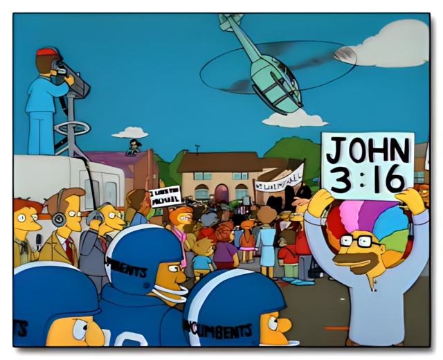 character holding a John 3:16 sign